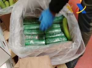 Spanish police display packages of cocaine which were seized in a shipment of bananas from Colombia in a container in the port of Algeciras