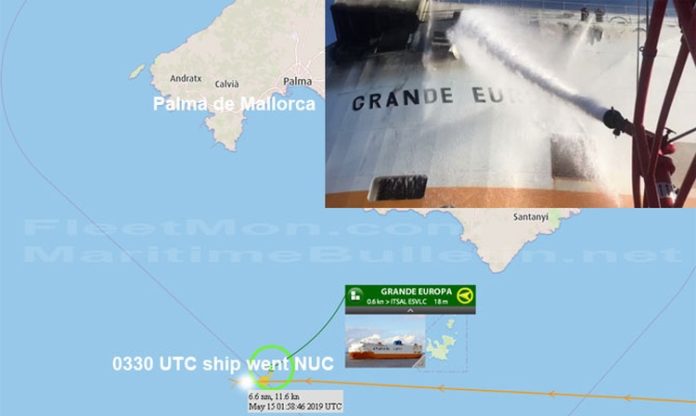 Grimaldi’s car carrier on fire, Mediterranean