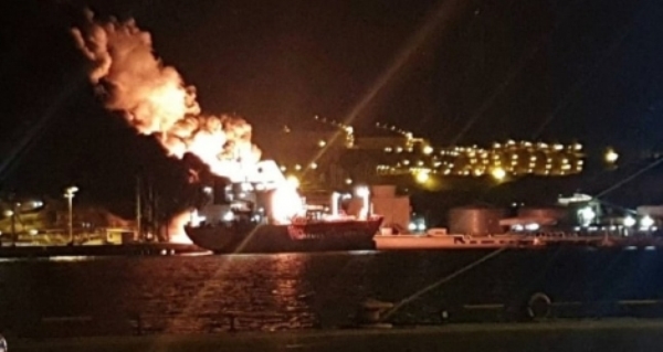 A tanker caught fire in the Turkish port